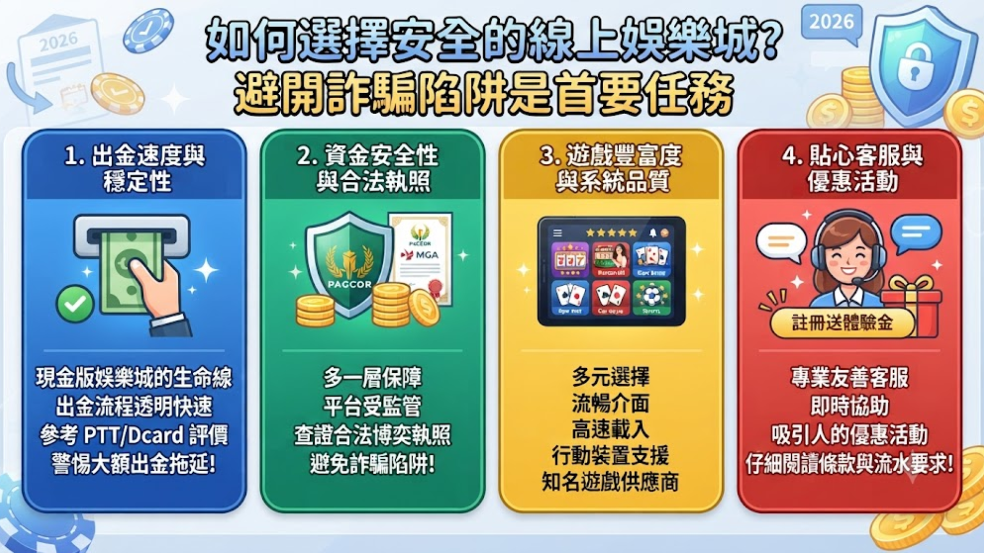 選擇安全線上娛樂城的四個關鍵評估標準:出金速度、資金合法性、遊戲品質與優質客服