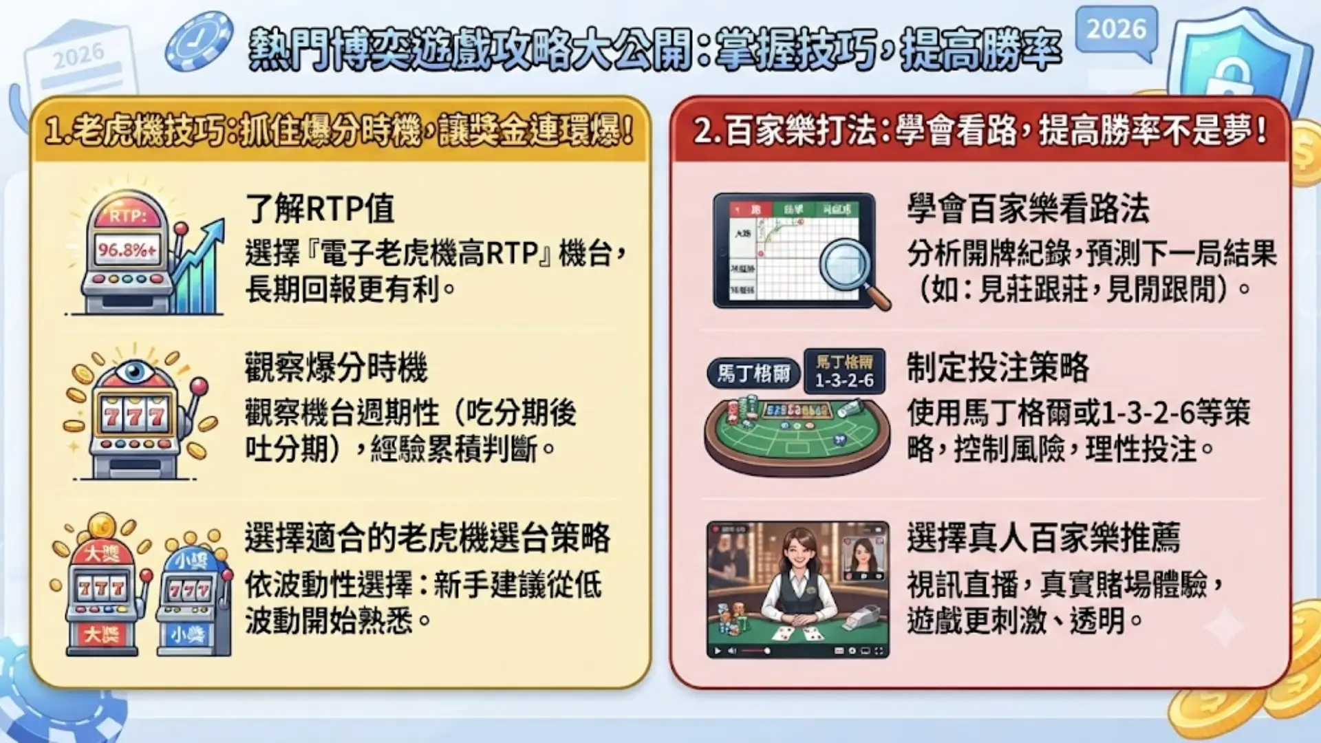 熱門博奕遊戲技巧教學:電子老虎機RTP與選台策略,真人百家樂看路法與投注管理實戰建議