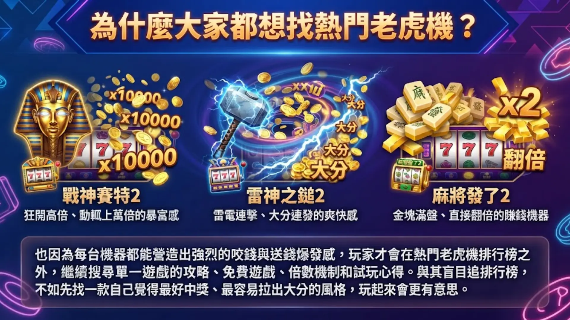 2026年熱門老虎機推薦:戰神賽特2、雷神之鎚2、麻將發了2高倍數獎金圖解