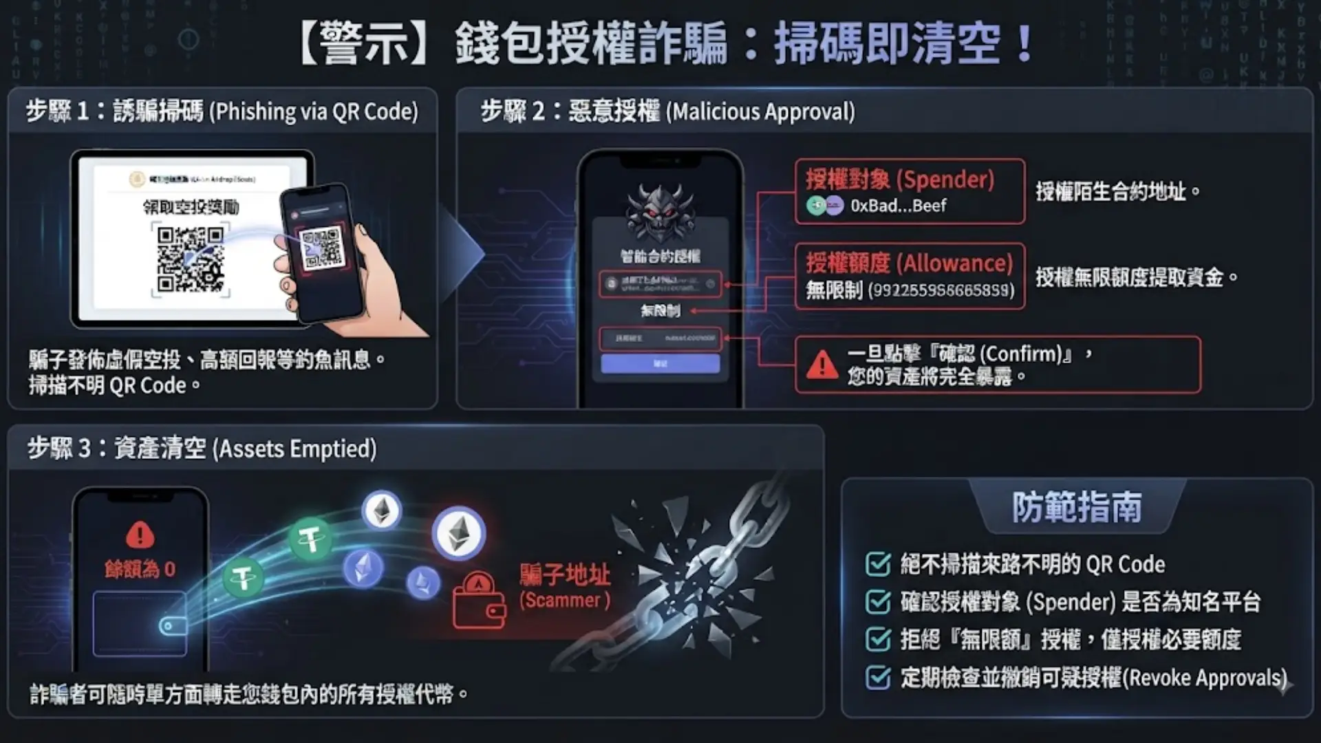錢包授權詐騙警示圖:說明掃描QR Code與惡意智能合約無限授權導致資產清空的防範指南