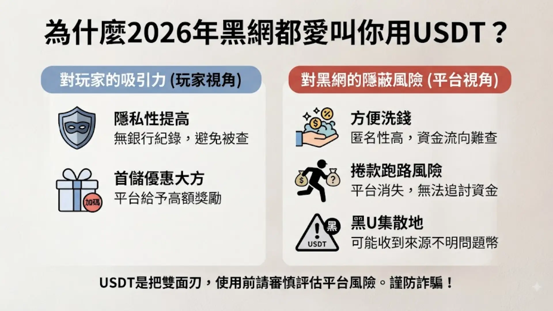 為什麼2026年黑網都愛叫你用USDT?比較玩家隱私吸引力與平台洗錢跑路風險