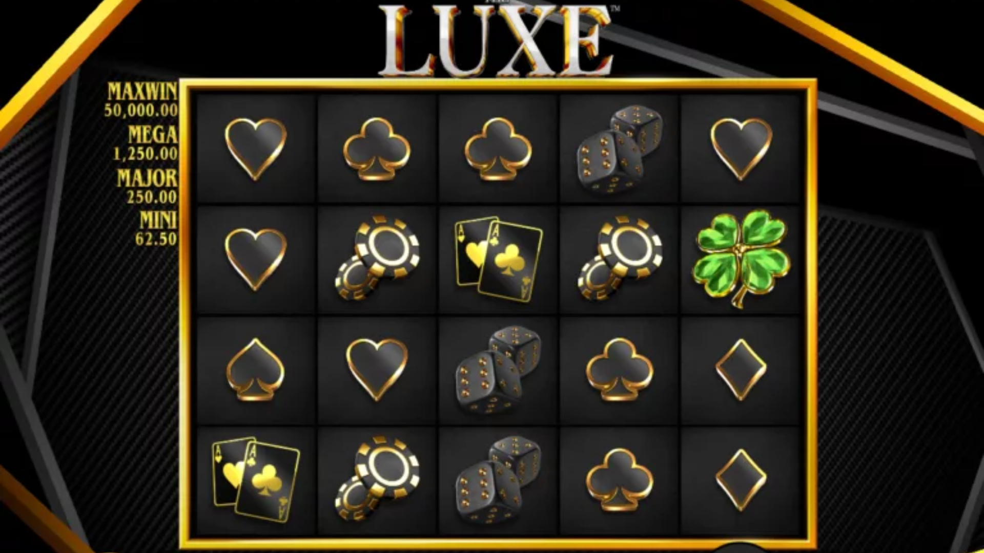 QT電子奢華LUXE老虎機5x4主遊戲盤面與四級大獎金額顯示